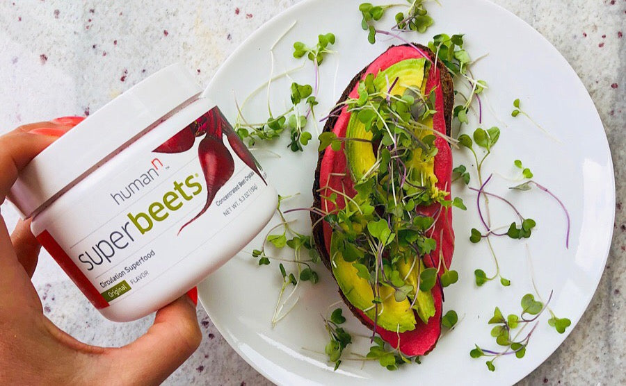 Superbeets canister with homemade beet hummus on toast