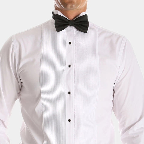 Box placket shirt. A man wearing a tuxedo white shirt with box placket