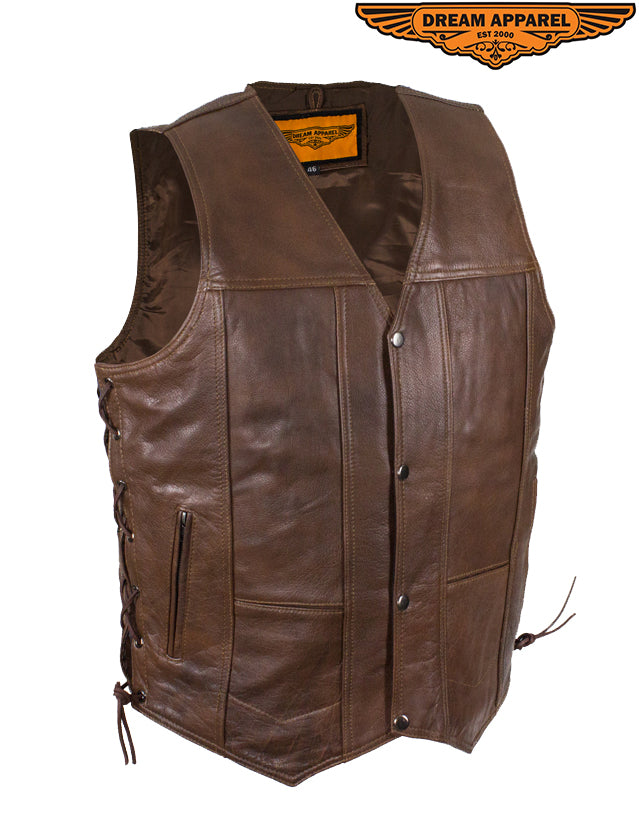 Mens Retro Brown Premium Naked Leather Vest Padded Shoulders, Side