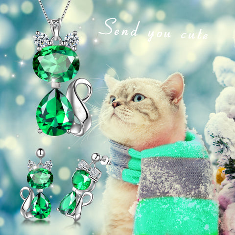 kitty cat birthstone jewelry set earrings necklace fine jewelry Christmas gift for girlfriend