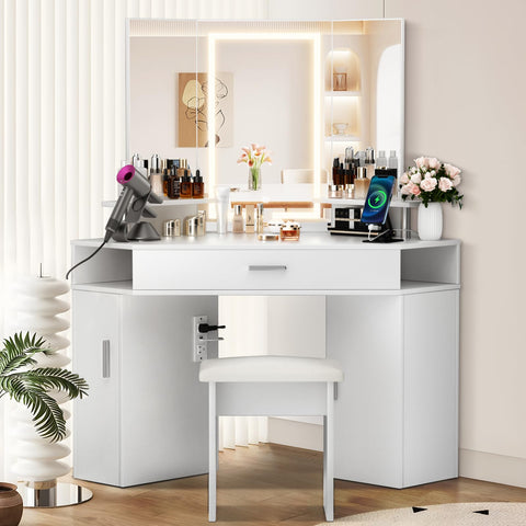 Makeup Vanity Desk with Mirror and Lights Adjustable Brightness 3 Color Modes for Bedroom White, Size: 42.9 x 20.5 x 56.1