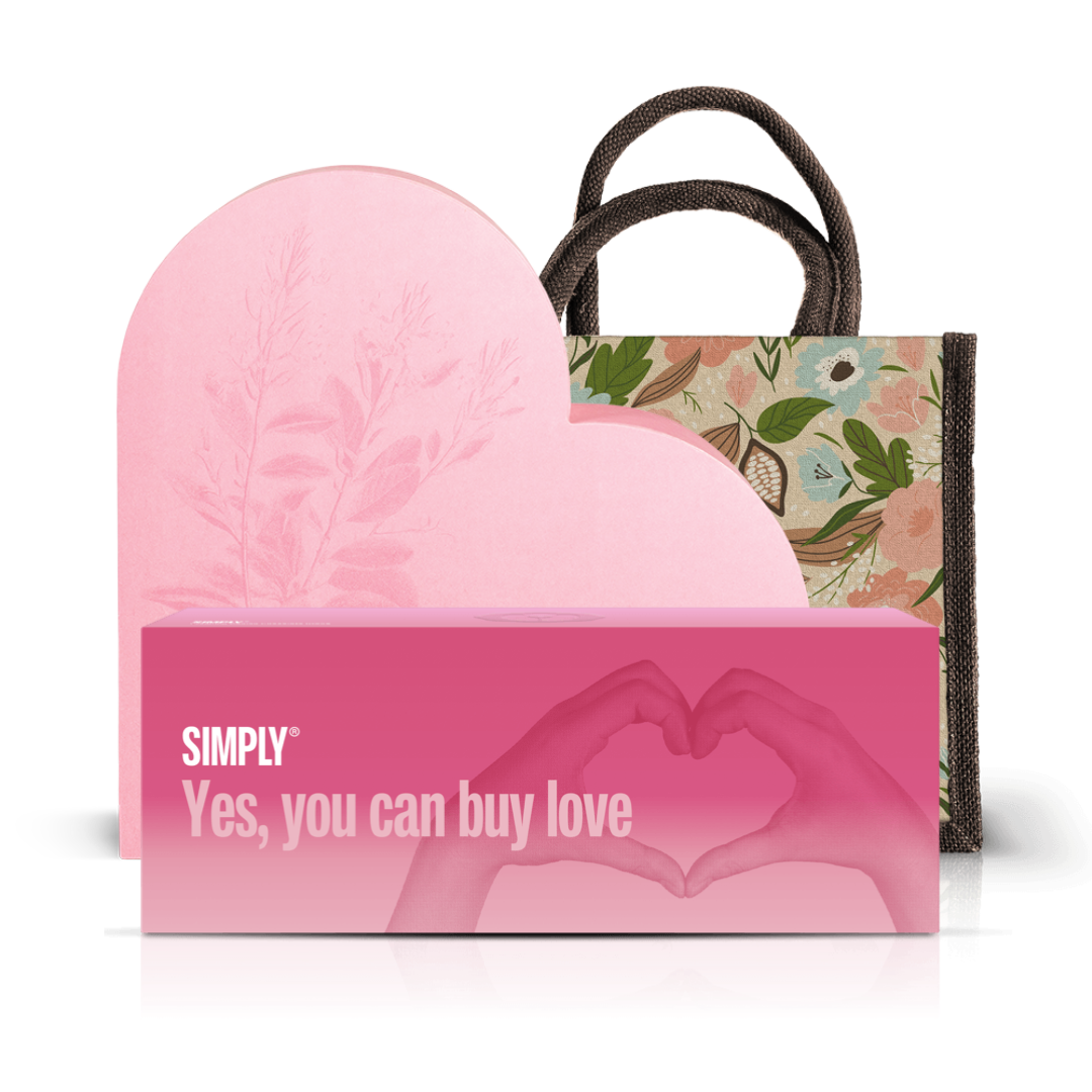 Se The Complete Love Kit | The Heart Box + gaveæske + shoppingbag hos Simply Chocolate