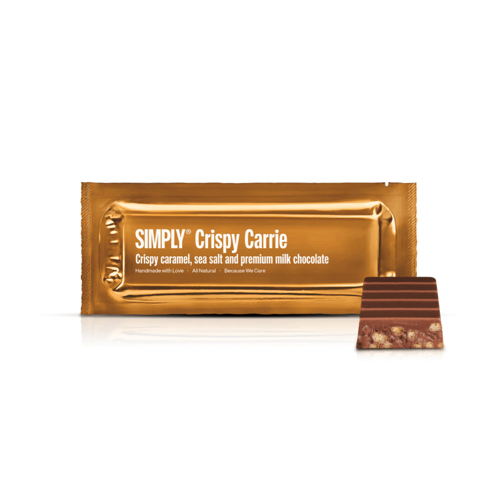 Se Crispy Carrie | Knasende karamel, havsalt og mælkechokolade hos Simply Chocolate