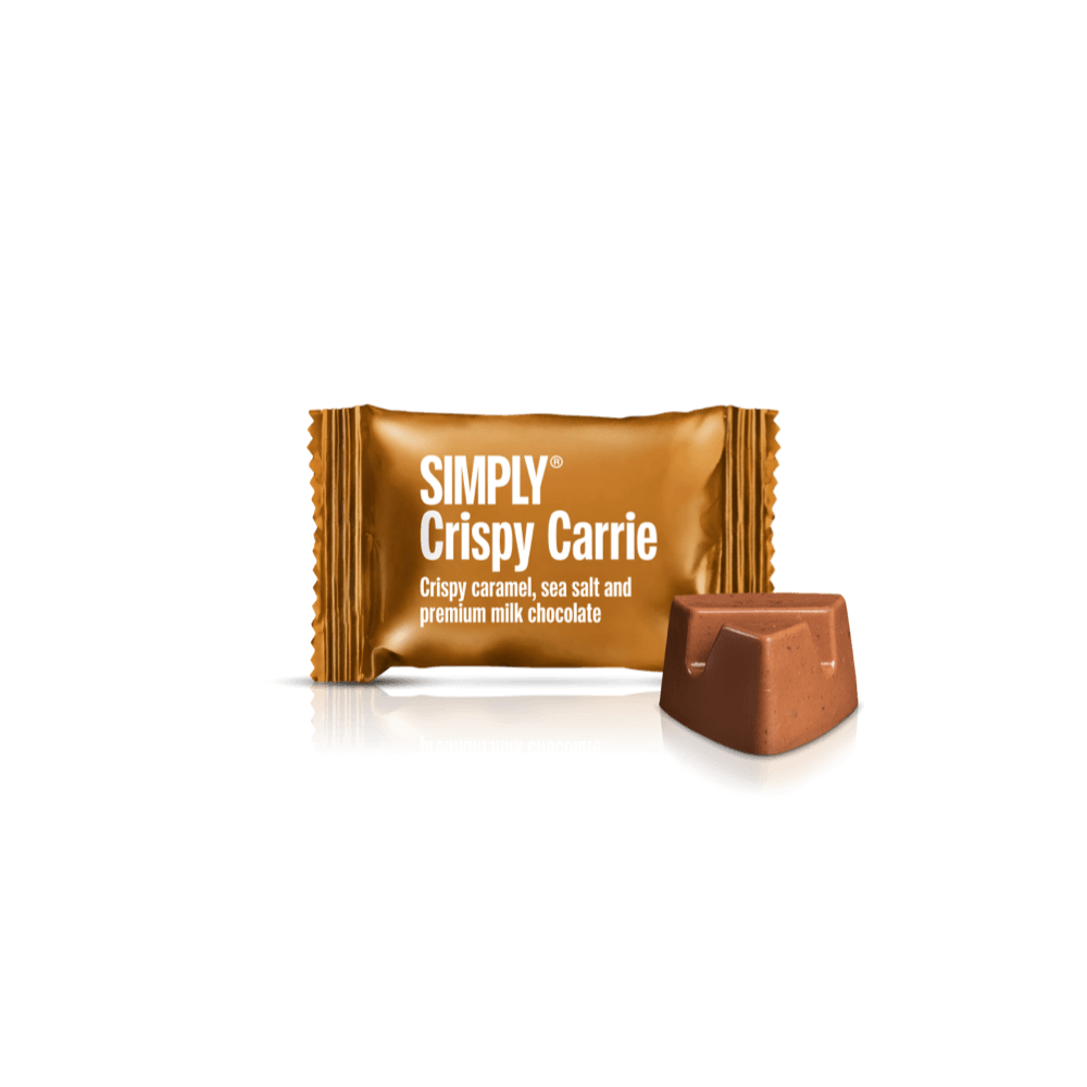 Se Crispy Carrie - 75 stk. box | Knasende karamel, havsalt og mælkechokolade hos Simply Chocolate