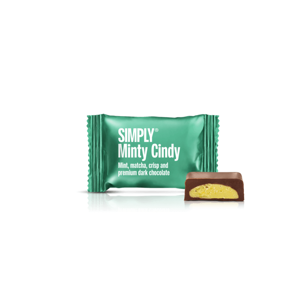 Se Minty Cindy - 75 stk. box | Mint, matcha the, crisp og mørk chokolade hos Simply Chocolate