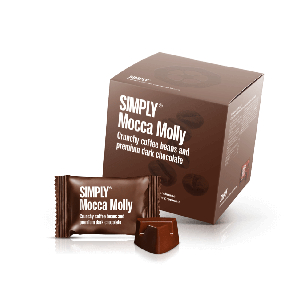 Se Mocca Molly - Cube med bites | Crunchy kaffebønner og premium mørk chokolade hos Simply Chocolate
