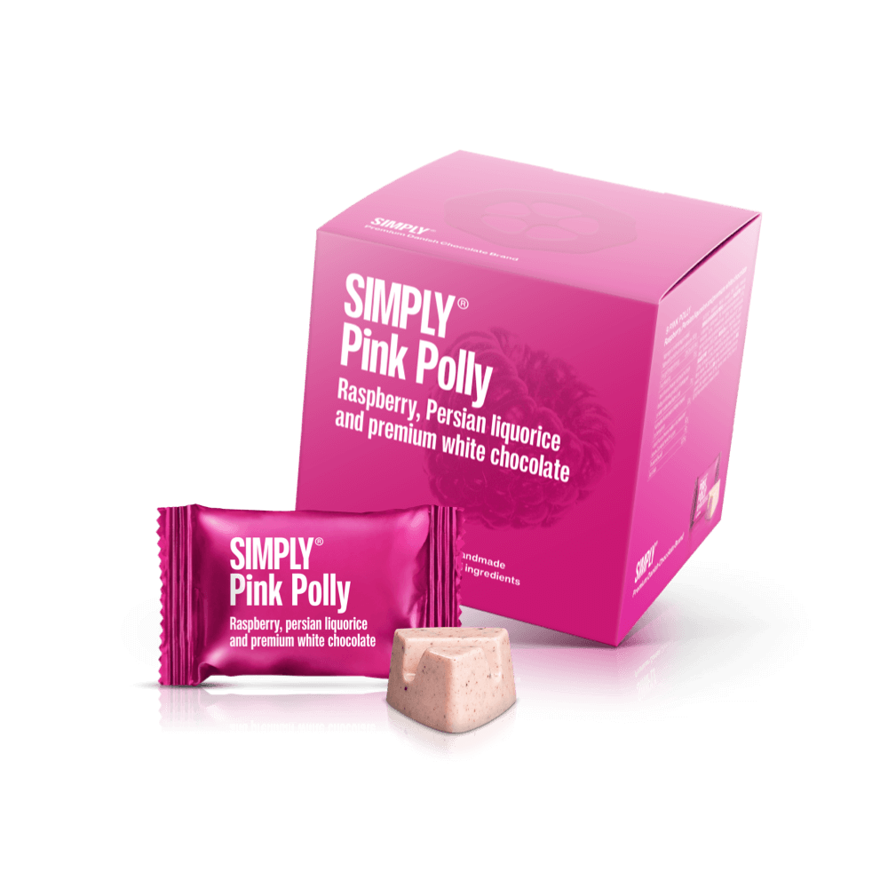 Se Pink Polly - Cube med bites | Hindbær, persisk lakrids og hvid chokolade hos Simply Chocolate