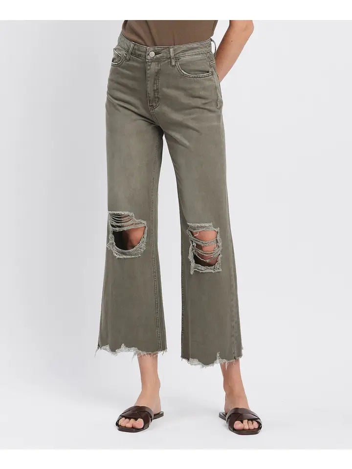 Vivian 90's Crop Flare Jeans in Dark Olive