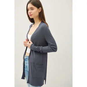 Viscose Open Front Essential Cardigan CHARCOAL BLUE - KaeCo Boutique 