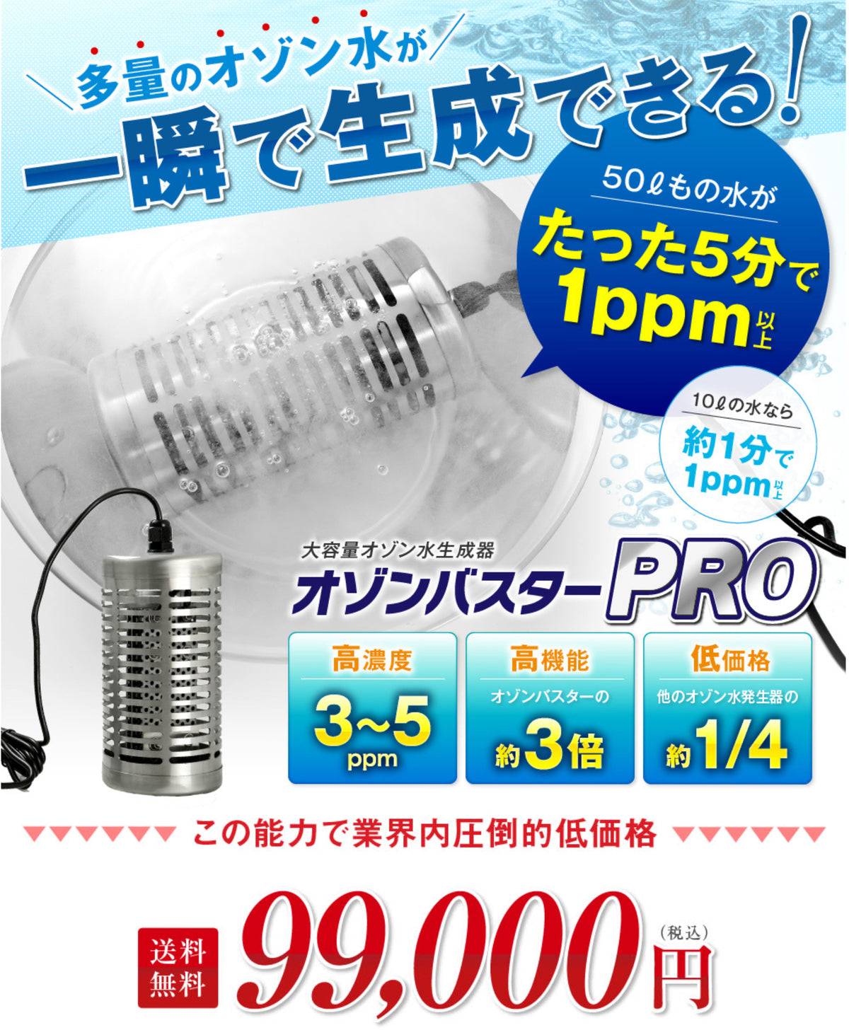 オゾンバスターPRO｜最大オゾン濃度5ppm、50リットルまでのオゾン水