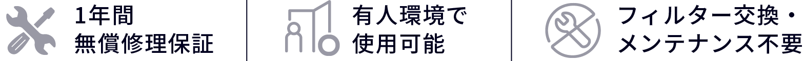 1年間無償修理保証、有人環境で使用可能、フィルター交換・メンテナンス不要