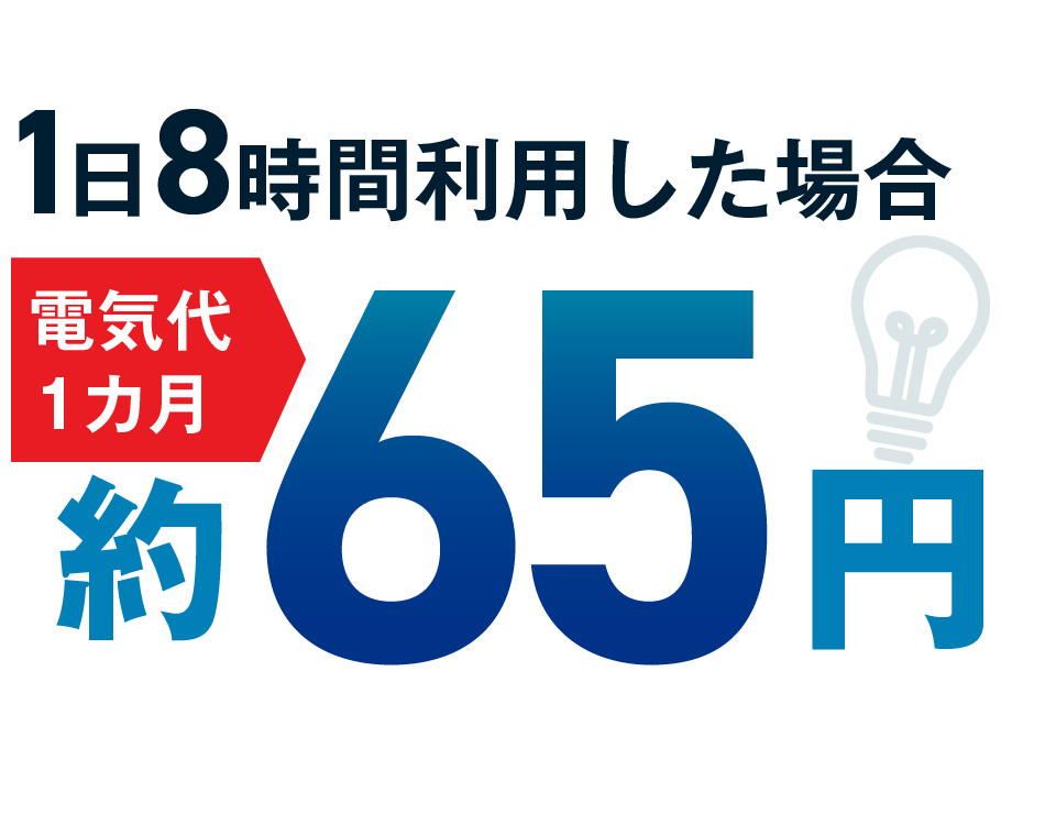 １日８時間利用した場合の一か月の電気代はおよそ65円