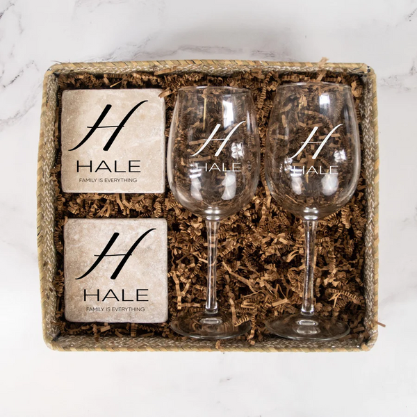 Personalized Wine Glasses and Marble Coasters Set | Shadow Breeze