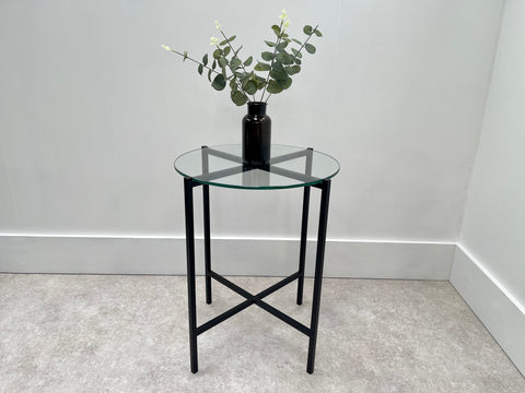 Round Glass Metal Black Side Table