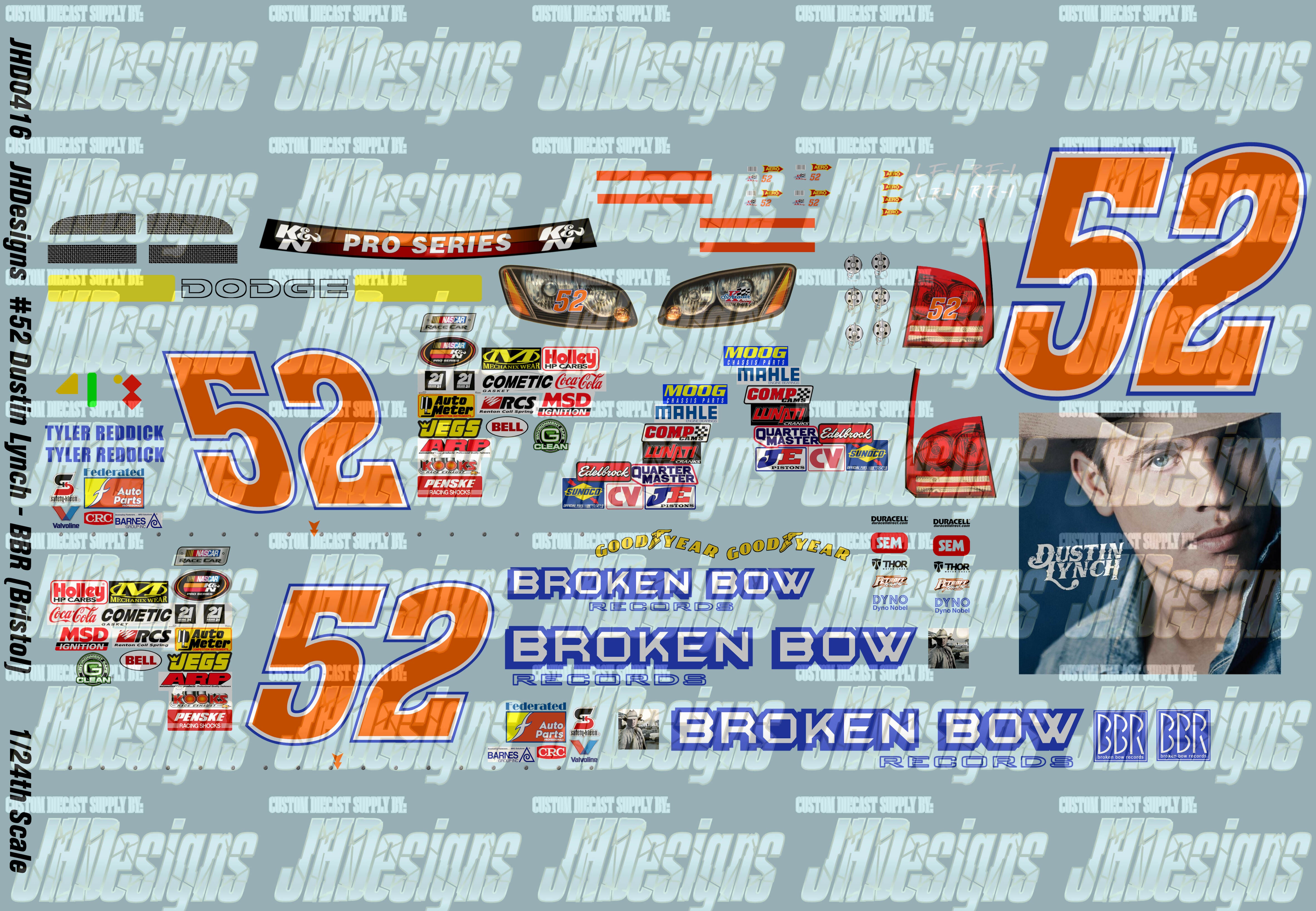 JH Designs Tyler Reddick 2013 KNP #52 Dustin Lynch - Broken Bow Records (Bristol) 1:24 Racecar Decal Set