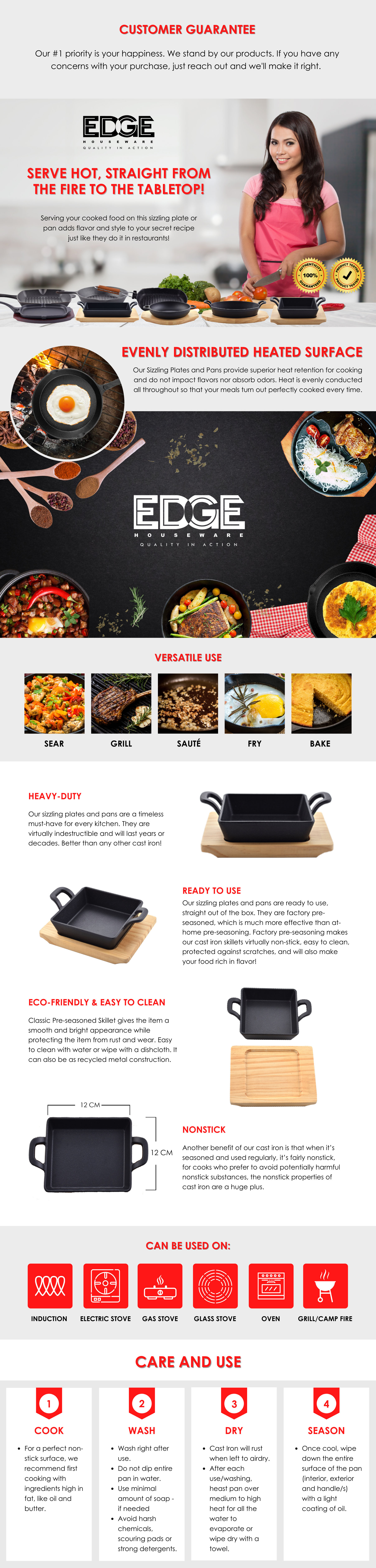 Mini Square 12.5CM Sizzling Plate With Handle And Wooden Base