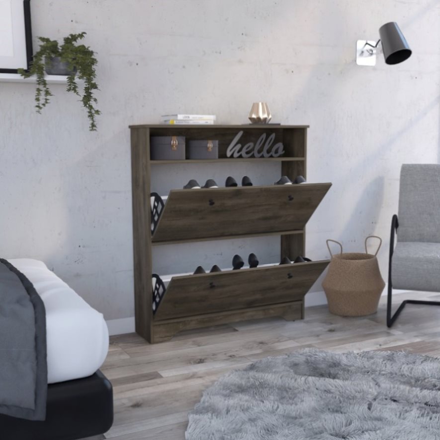 ZUN Calgary Shoe Rack, Superior Top, One Open Shelf, Two Extendable Shelves -Dark Brown B07091898