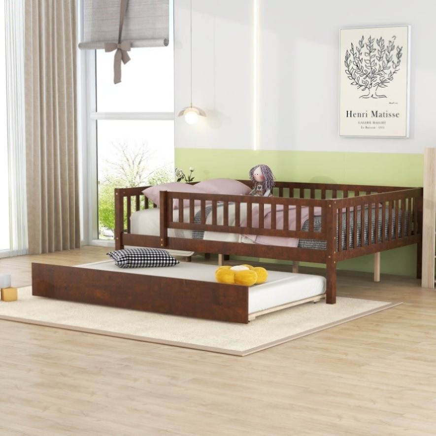 ZUN Full Size Wood Daybed with Trundle and Fence Guardrails, Walnut WF301863AAL