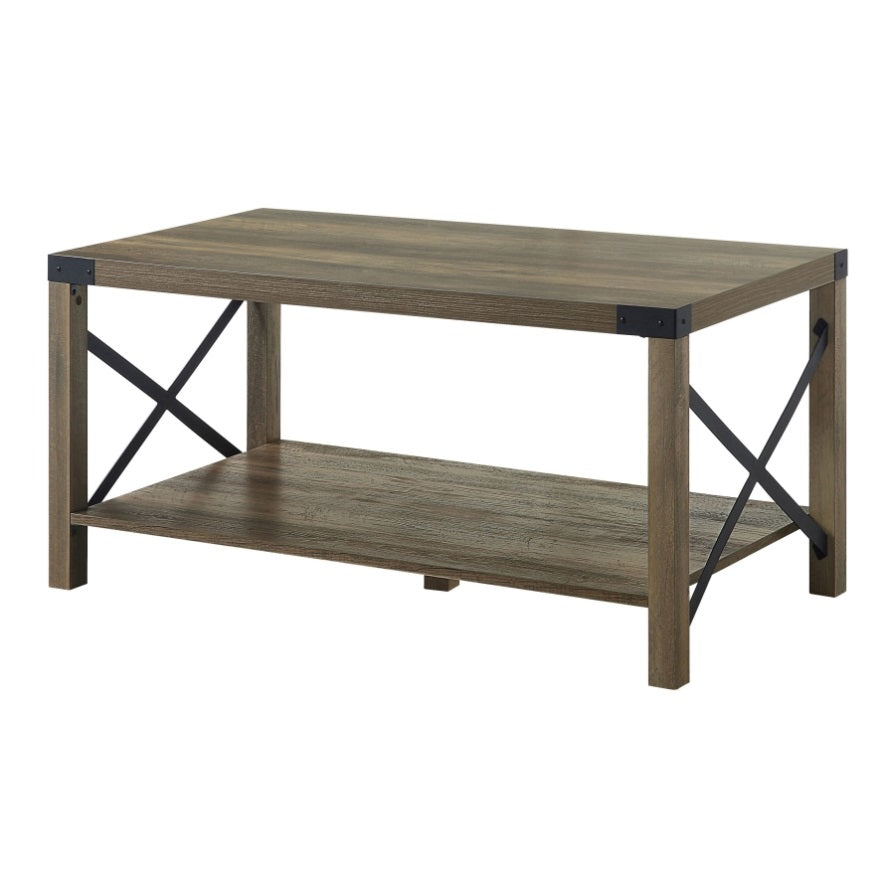 ZUN Rustic Oak Coffee Table with Bottom Shelf B062P185677