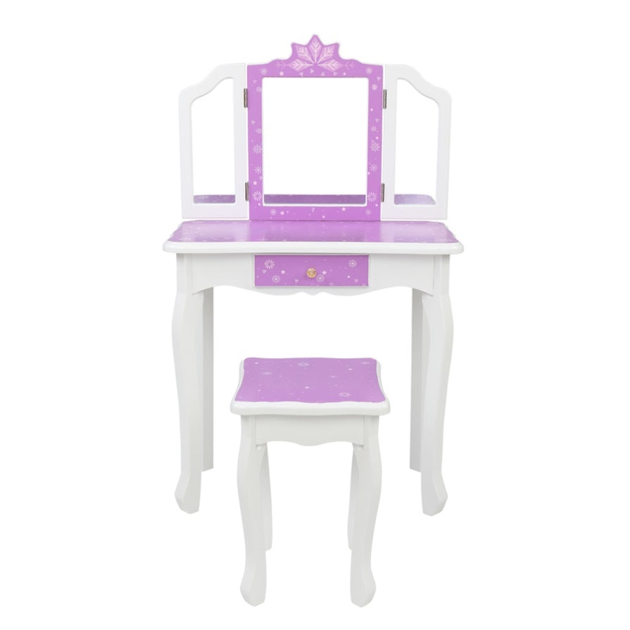 ZUN Children's Wooden Dressing Table Three-Sided Folding Mirror Dressing Table Chair Single Drawer 89938532