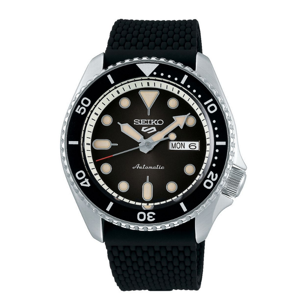 Seiko 5 Automatic Black Dial Black Mesh Silicone Watch - Keanes Jewellers