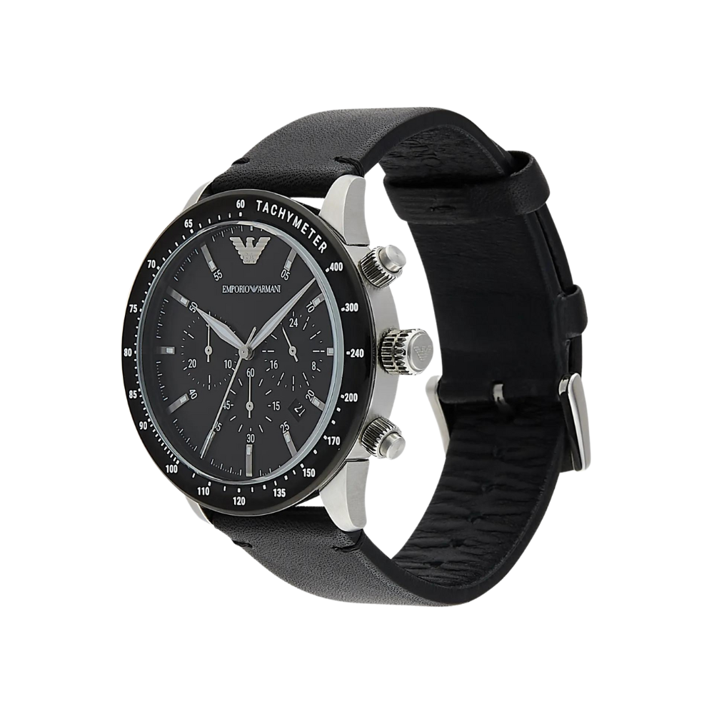 Emporio Armani Chronograph Black Leather Watch - Keanes Jewellers