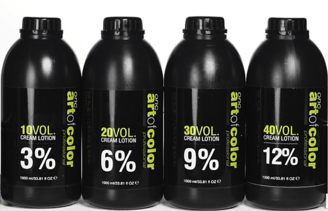 ONC artofcolor Cream Developers 1000 mL / 33.8 fl. oz. 4 black bottles sitting in a row