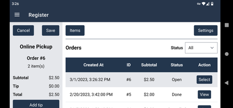 Example order screen from our point of sale (POS)