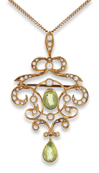 15ct Yellow Gold Peridot & Seed Pearl Set Art Nouveau Pendant/Brooch