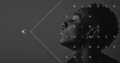 a black and white image of a man the SKINDER London minimalist logo is to the left. over the picture is text reading: skinder, kinder, kind