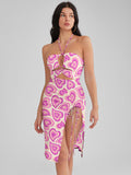 WINNIPEG Heart Print Halter Cutout Slit Midi Dress
