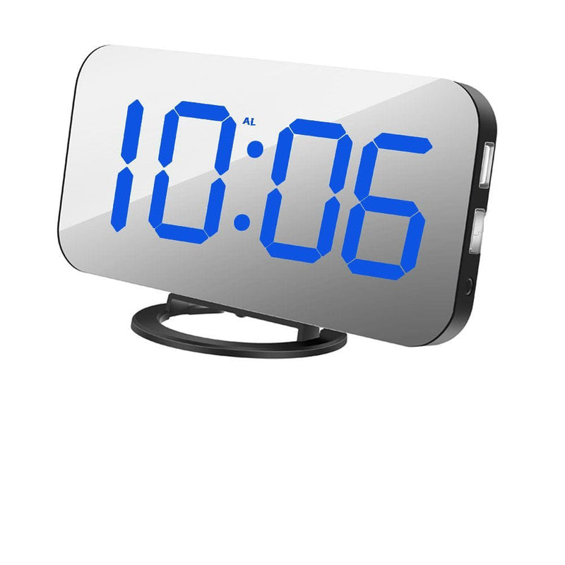 Digital Alarm Clock Mirror Surface LED USB Charger Blue
