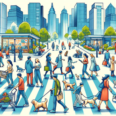 A lively urban street view embodying 'Everyday Discoveries,' showing people engaging in various activities, highlighting the dynamic and enriching aspects of daily urban life.