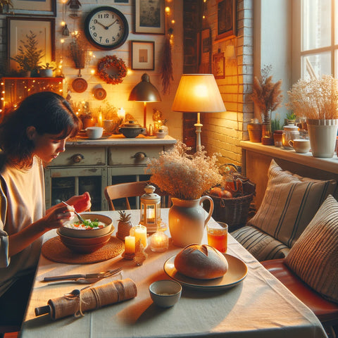 A cozy dining room scene epitomizing 'Everyday Discoveries,' featuring someone savoring a homemade meal, representing the delight in everyday activities like cooking and dining at home.