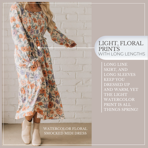 floral long sleeve tiered midi dress smocked bodice dresses