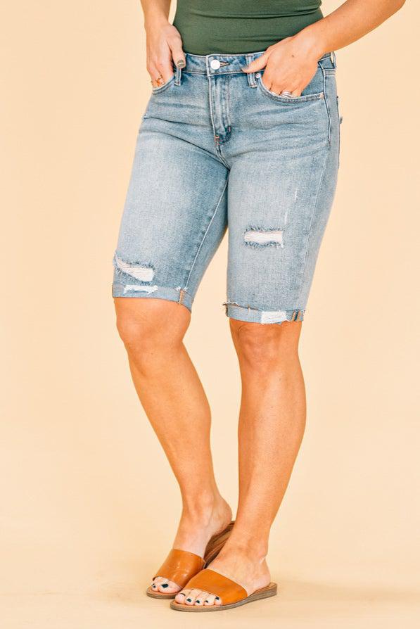 Mineral Washed Biker Shorts-Light Blue