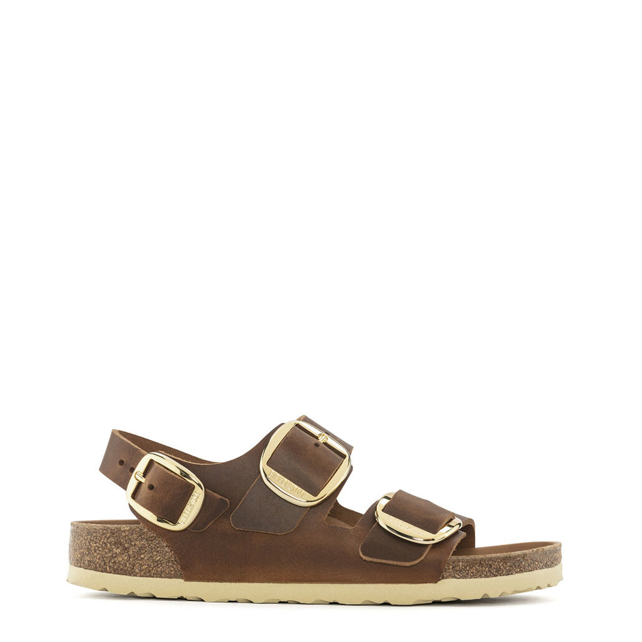 Birkenstock Womens Milano Big Buckle Narrow Sandal Oiled Leather Cognac