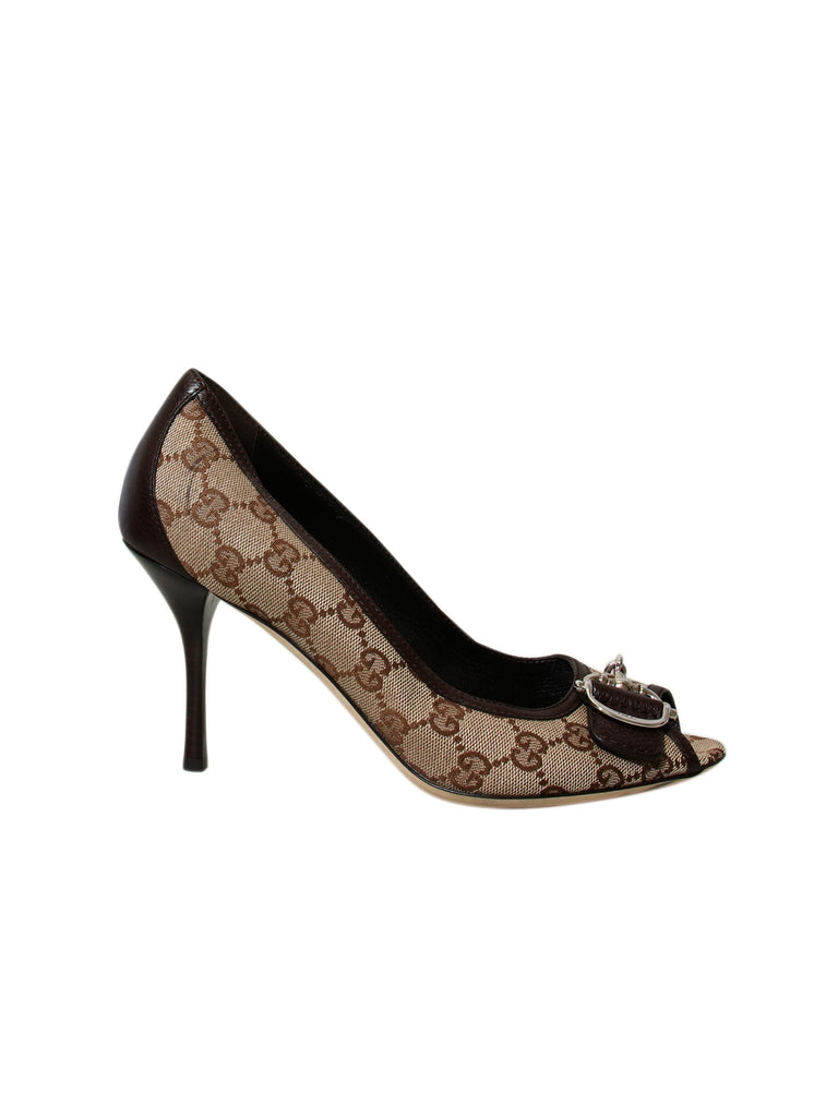 Pre-owned Gucci Monogram Peep-Toe Heels 