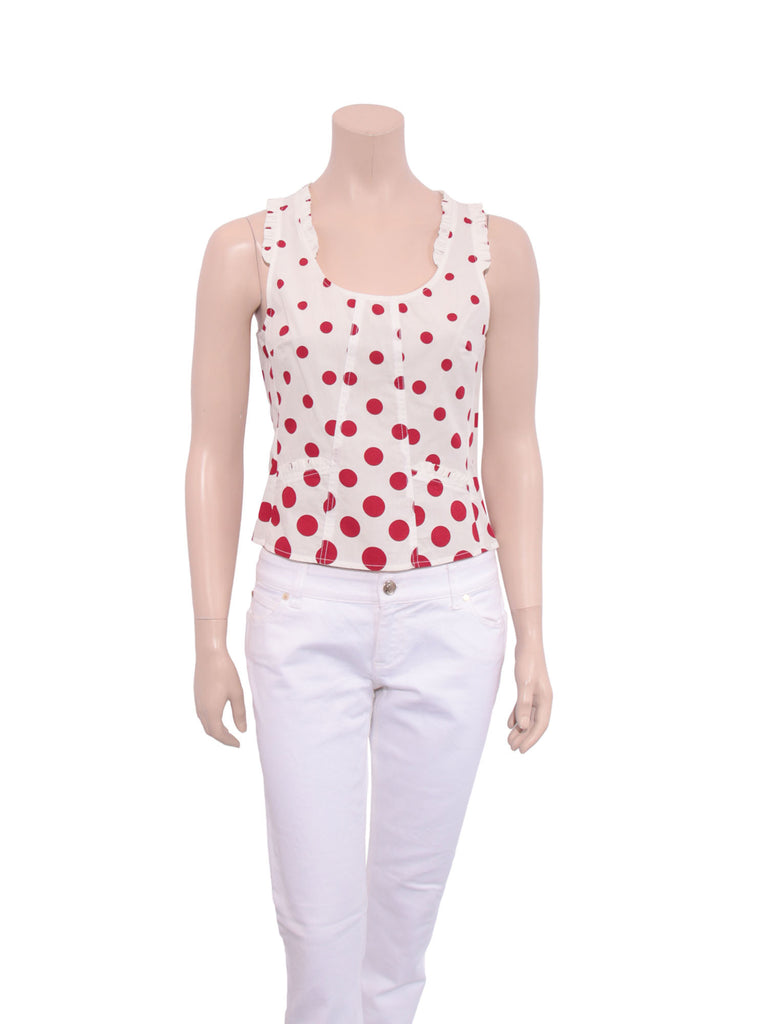 white and red polka dot top