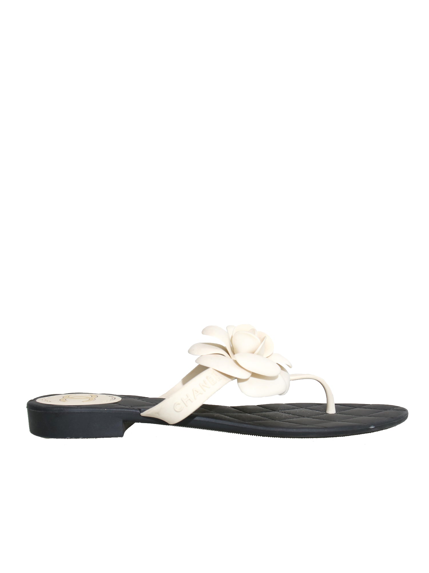 Chanel White Jelly CC Camellia Thong Flat Sandals Size 37 Chanel