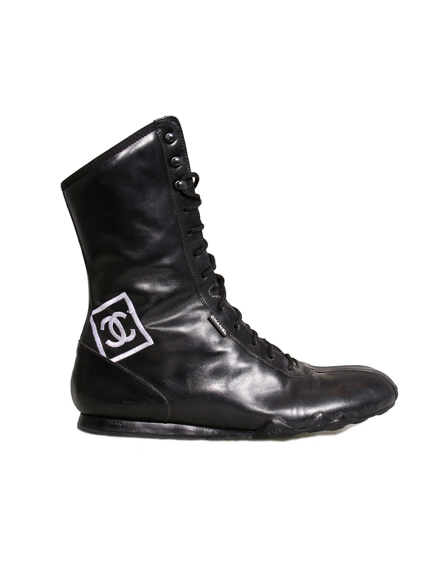 Chanel Vintage Black Leather CC Combat Boots sz 36  ASC Resale