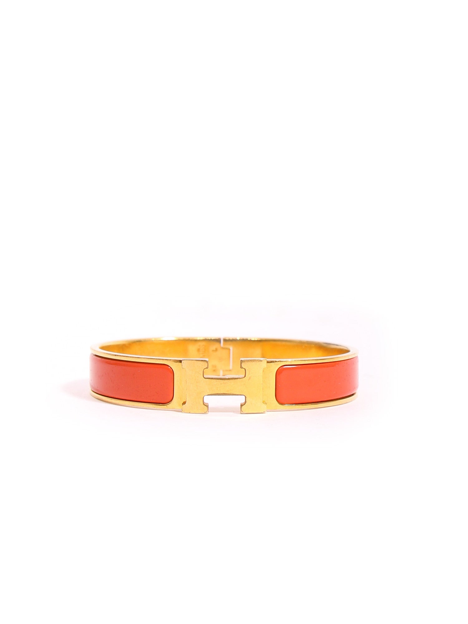 Hermes Clic H Narrow Bracelet Orange Enamel and Yellow Gold