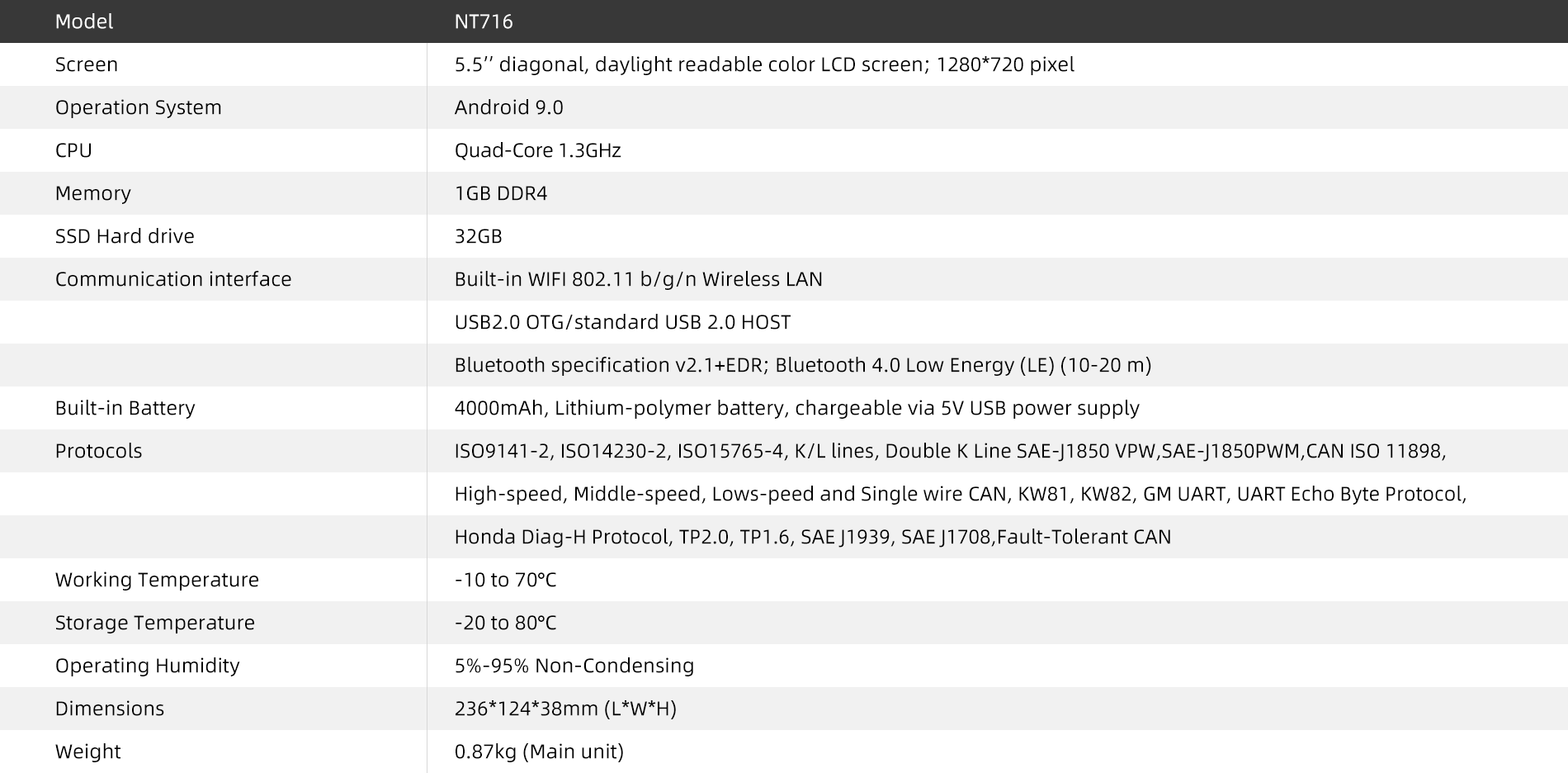 Specifications of foxwell nt716