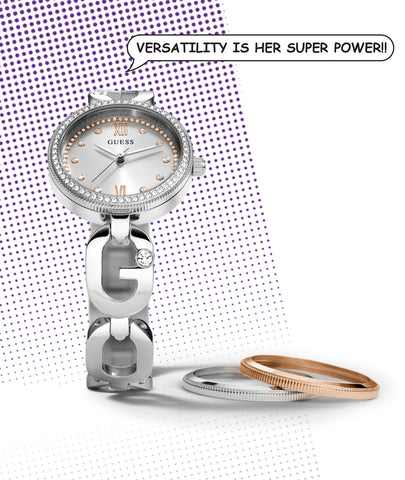 silver watch on dotted background with two bezel options next to it and speech bubble with versatility is her superpower