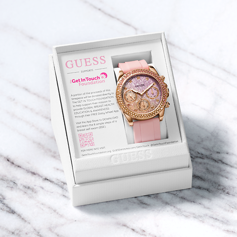 Our Sparkling Pink styles comes perfectly packaged with information on how your contribution is made and more information on The Get In Touch Foundation.