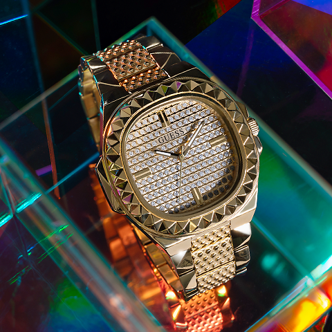 These timepieces include cut-thru glitz dials, croco-embossed leather straps with recycled ultra-suede backing, and polished crystal bracelets. This collection is bold, noble, and fit for a King and Queen.