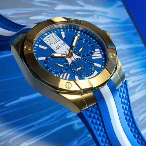 mens racing stripe watch with blue dial
