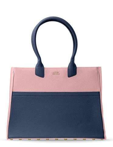 Leather tote handbag in pink and blue exclusive handmade in France