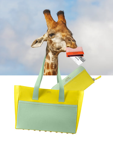 Sophie the Giraffe traveling the world with her LUC8K Leather Accessories