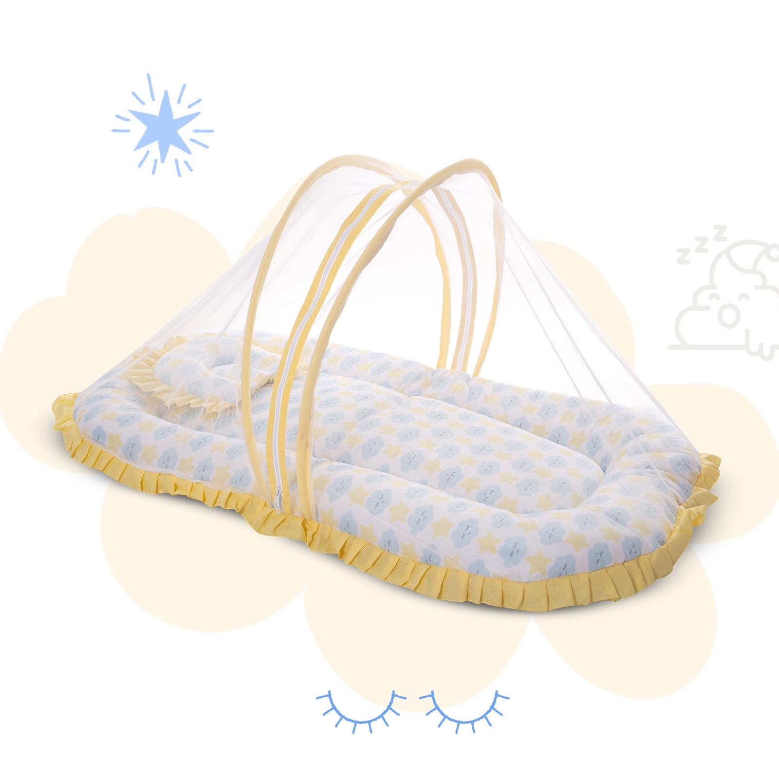 Mee Mee Cushioned Baby Mattress Set with Mosquito Net and Pillow - Cloud & Star